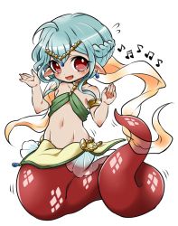 Rule 34 | 1girl, :d, ano5102, blue hair, braid, earrings, female focus, flat chest, french braid, full body, gold, gold necklace, happy, highres, jewelry, lamia, monster girl, musical note, navel, necklace, open mouth, original, pointy ears, red eyes, scales, short hair, simple background, skirt, smile, snake tail, solo, tail, white background