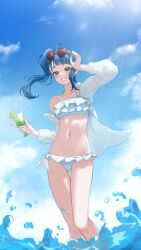 Rule 34 | 1girl, absurdres, arm up, ayesha618, bikini, blue sky, cloud, cloudy sky, commentary, cup, cut bangs, day, drinking straw, eyewear on head, food, frilled bikini, frills, fruit, gluteal fold, half-closed eyes, halterneck, heart, heart-shaped eyewear, highres, hirogaru sky! precure, holding, holding cup, index finger raised, lime (fruit), lime slice, looking at viewer, medium hair, navel, off shoulder, open clothes, open shirt, outdoors, precure, shirt, side ponytail, single sidelock, sky, sleeves rolled up, smile, solo, sora harewataru, standing, summer, sunglasses, swimsuit, swimsuit cover-up, thigh gap, wading, water, white bikini, white shirt
