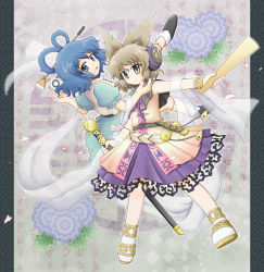 Rule 34 | 2girls, arm up, armpits, bare shoulders, belt, blue dress, blue eyes, blue hair, bobby socks, bracelet, brown eyes, dress, energy ball, female focus, flower, flying, hair ornament, hair rings, hair stick, hand on another&#039;s chest, headphones, hydrangea, jewelry, kaku seiga, leaf, leaning, light brown hair, light smile, looking at viewer, manaka (pdx), multiple girls, no nose, ofuda, open hand, open mouth, outstretched arms, puffy sleeves, purple background, ritual baton, sandals, sarashi, shawl, shoes, short hair, short sleeves, skirt, sleeveless, sleeveless dress, socks, string, string of fate, sword, touhou, toyosatomimi no miko, vest, weapon, white legwear