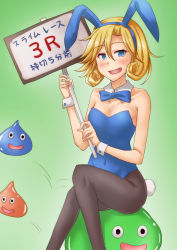 Rule 34 | 1girl, animal ears, anti (untea9), black pantyhose, blonde hair, blue eyes, blue leotard, blue neckwear, bow, bowtie, breasts, commentary request, cosplay, crossed legs, crossover, detached collar, dragon quest, dragon quest iii, fake animal ears, feet out of frame, gradient background, green background, highres, janus (kancolle), jester (dq3), jester (dq3) (cosplay), kantai collection, leotard, looking at viewer, pantyhose, parted bangs, placard, playboy bunny, rabbit ears, rabbit tail, short hair, sign, sitting, slime (dragon quest), small breasts, strapless, strapless leotard, tail, wrist cuffs