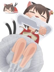 Rule 34 | 1girl, :d, absurdres, against glass, animal ear fluff, animal ear piercing, animal ears, asakura haru, bloomers, bow, bowtie, brown hair, cat ears, cat loaf, cat tail, chen, closed eyes, commentary request, dress, earrings, fang, feet out of frame, from below, gold trim, grey bow, grey bowtie, happy, highres, jewelry, light blush, long sleeves, multiple tails, multiple views, nekomata, no headwear, open mouth, red dress, short hair, simple background, single earring, skin fang, smile, tail, touhou, two tails, underwear, upskirt, white background