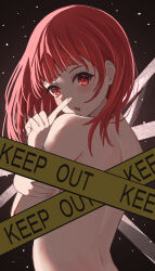 Rule 34 | 1girl, absurdres, arima kana, back, black background, blunt bangs, blush, caution tape, censored, commentary request, completely nude, eyebrows hidden by hair, eyelashes, fingernails, from behind, grabbing own arm, highres, index finger raised, keep out, light particles, lips, looking at viewer, looking back, medium hair, nude, open mouth, oshi no ko, raikun raikun, red eyes, red hair, sidelighting, simple background, solo, straight hair, tape censor, upper body