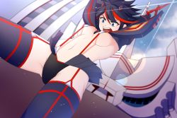 Rule 34 | 1girl, arms up, black hair, boots, breasts, cloud, commentary request, day, eyelashes, glint, gloves, highres, holding, holding weapon, kill la kill, lens flare, matoi ryuuko, microskirt, multicolored hair, navel, open mouth, outdoors, pleated skirt, red hair, revealing clothes, scissor blade (kill la kill), senketsu, short hair, skirt, sky, solo, sorato watari, streaked hair, suspenders, teeth, thigh boots, thighhighs, tongue, two-tone hair, underboob, upper teeth only, v-shaped eyebrows, weapon