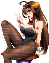 Rule 34 | 10s, 1girl, black pantyhose, blue eyes, breasts, brown hair, chair, cleavage, detached collar, double bun, fishnet pantyhose, fishnets, hair bun, hairband, headgear, high heels, highres, kantai collection, kongou (kancolle), leotard, long hair, magukappu, nontraditional miko, open mouth, pantyhose, personification, playboy bunny, red footwear, shoes, short hair, sitting, smile, solo, v, wrist cuffs