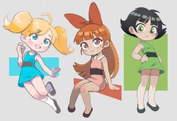Rule 34 | 3girls, ahoge, arm support, bare legs, black footwear, black hair, blonde hair, blossom (ppg), blue dress, blue eyes, blush, bow, bubbles (ppg), buttercup (ppg), child, closed mouth, dress, green dress, grey background, hair bow, hands on own hips, highres, long hair, looking at viewer, multiple girls, open mouth, orange hair, pink dress, powerpuff girls, qtkat, red bow, red eyes, short hair, short twintails, simple background, sitting, sleeveless, sleeveless dress, smile, socks, standing, teeth, thighhighs, thighs, twintails, upper teeth only, white socks, white thighhighs, zettai ryouiki