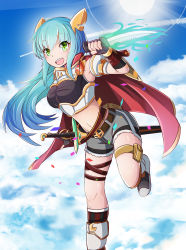Rule 34 | 1girl, :d, belt, black gloves, blue hair, breasts, cape, combat knife, crop top, fingerless gloves, floating hair, gloves, green eyes, grey shorts, groin, hair ornament, highres, holding, holding knife, knife, leg up, long hair, medium breasts, midriff, million arthur (series), navel, open mouth, original, sheath, sheathed, shiny skin, short shorts, shorts, smile, solo, sun, sword, sylphine, very long hair, weapon