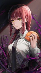 Rule 34 | 1girl, absurdres, black necktie, braid, braided ponytail, chainsaw man, closed mouth, collared shirt, dress shirt, hair between eyes, hair over shoulder, highres, illust sucong, long hair, makima (chainsaw man), necktie, pochita (chainsaw man), ponytail, red hair, shirt, smile, solo, upper body, white shirt, wing collar, yellow eyes