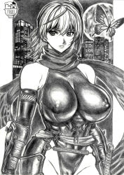 Rule 34 | 1girl, ayane (doa), bare shoulders, breasts, bug, butterfly, city, covered erect nipples, dead or alive, highleg, highleg leotard, huge breasts, insect, leotard, monochrome, moon, scarf, short hair, skidrow