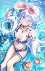 Rule 34 | 1girl, alternate costume, arm support, armband, bikini, blue bikini, blue eyes, breasts, clenched teeth, collarbone, eyewear on head, feet out of frame, frilled bikini, frills, front-tie bikini top, front-tie top, furina (genshin impact), genshin impact, highres, jewelry, looking at viewer, medium breasts, navel, necklace, ocean, off shoulder, one eye closed, open mouth, otabaaa, partially submerged, red-tinted eyewear, shirt, short hair, side-tie bikini bottom, sitting, solo, stomach, swimsuit, teeth, thigh strap, tinted eyewear, very short hair, wavy hair, white hair, white shirt, wristband