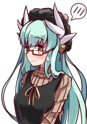 Rule 34 | 1girl, absurdres, black dress, black hat, blue hair, blush, breasts, brown sweater, closed mouth, commentary request, dragon horns, dress, fate/grand order, fate (series), glasses, hat, highres, horns, kiyohime (fate), long hair, medium breasts, red-framed eyewear, ribbed sweater, ribbon, semi-rimless eyewear, simple background, sleeveless, sleeveless dress, smile, solo, spoken blush, sweat, sweater, turtleneck, turtleneck sweater, under-rim eyewear, upper body, very long hair, white background, yellow eyes, yellow ribbon, yuya090602