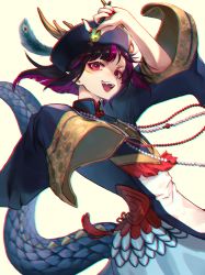 Rule 34 | 1boy, androgynous, asagizuisen, black hair, dragon tail, fang, fangs, hat, highres, jewelry, lilia vanrouge, looking at viewer, markings, multicolored hair, necklace, pale skin, pink eyes, pink hair, pointy ears, robe, tail, traditional clothes, twisted wonderland