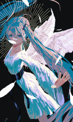 Rule 34 | 1girl, absurdres, angel, angel wings, bare legs, black footwear, blue eyes, blue hair, commentary, covered mouth, cowboy shot, dress, english commentary, feathers, halo, hatsune miku, highres, kojomi (7j543), long hair, long sleeves, looking at viewer, muted color, outstretched arms, simple background, solo, spread arms, twintails, very long hair, vocaloid, white dress, wings