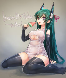 Rule 34 | 1girl, bare shoulders, black thighhighs, braid, breasts, cleavage, clothing cutout, detached sleeves, english text, fingerless gloves, food, fruit, gloves, green hair, hair ribbon, happy birthday, hat, headgear, highres, ice cream, large breasts, long hair, looking at viewer, menou kaname (taishi), one-piece swimsuit, original, ponytail, popsicle, purple eyes, ribbon, school swimsuit, sitting, sketch, solo, swimsuit, taishi (picchiridou), thighhighs, tongue, tongue out, twin braids, underboob, underboob cutout, very long hair, wariza, watermelon, watermelon bar, wet, wet clothes, white one-piece swimsuit, white school swimsuit