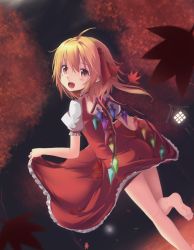 Rule 34 | 1girl, :d, ahoge, ass, barefoot, blonde hair, blush, clothes lift, fang, feet, flandre scarlet, hair ribbon, kuro (baseball0000), leaf, long hair, looking at viewer, looking back, maple leaf, open mouth, red eyes, ribbon, short sleeves, side ponytail, skirt, skirt lift, smile, soles, solo, stone lantern, toes, touhou, wings