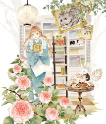 Rule 34 | 1girl, animal, bad id, bad pixiv id, blue kimono, book, bookshelf, braid, bread, brown eyes, brown hair, rabbit, camellia, cat, clothed animal, commentary request, cup, flower, food, frog, goat, indoors, japanese clothes, kimono, kyouraku no mori no alice, lace-trimmed sleeves, lace trim, ladder, lantern, long hair, long sleeves, niwa haruki, hugging object, official art, open mouth, painting (object), pink flower, pouring, raisin bread, sandals, saucer, smile, solo, standing, table, teacup, teapot, twin braids, wide sleeves