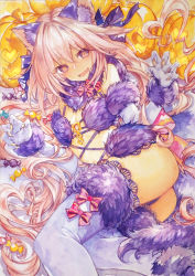Rule 34 | 1boy, animal ears, astolfo (fate), bare shoulders, blush, bow, braid, chikinan tarou, claw pose, claws, cosplay, elbow gloves, fate/apocrypha, fate/grand order, fate (series), fur-trimmed gloves, fur-trimmed legwear, fur collar, fur trim, gloves, hair between eyes, hair intakes, halloween costume, heart, heart-shaped pupils, highres, long braid, long hair, looking at viewer, male focus, mash kyrielight, mash kyrielight (dangerous beast), mash kyrielight (dangerous beast) (cosplay), multicolored hair, o-ring, official alternate costume, open mouth, painting (medium), pink bow, pink hair, purple eyes, purple gloves, purple legwear, revealing clothes, solo, streaked hair, symbol-shaped pupils, tail, traditional media, trap, watercolor (medium), wolf ears, wolf tail