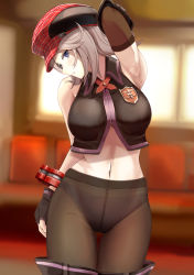 Rule 34 | 1girl, alisa ilinichina amiella, arm up, armpits, bare shoulders, blue eyes, blush, breasts, chicken (chickenx), elbow gloves, fingerless gloves, gloves, god eater, graphite (medium), hat, highres, large breasts, long hair, mechanical pencil, midriff, navel, panties, pantyhose, pantyshot, pencil, silver hair, skirt, sleeveless, solo, thighhighs, traditional media, underwear