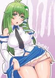Rule 34 | 1girl, blue skirt, blush, breasts, collared shirt, commentary request, contrapposto, cowboy shot, dated, detached sleeves, frilled skirt, frills, frog hair ornament, gluteal fold, green eyes, green hair, groin, hair between eyes, hair ornament, impossible clothes, impossible shirt, kei jiei, kochiya sanae, large breasts, long hair, looking at viewer, navel, open mouth, outline, panties, panty pull, pink panties, purple background, shiny skin, shirt, single hair tube, skirt, sleeveless, sleeveless shirt, snake hair ornament, solo, touhou, underwear, white background, white outline, white shirt, white sleeves