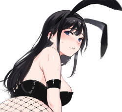 Rule 34 | 1girl, animal ears, arm strap, ass, bare shoulders, black hair, black hairband, black leotard, black pantyhose, blue eyes, blush, breasts, commentary request, cowboy shot, fake animal ears, fake tail, fishnet pantyhose, fishnets, from behind, from below, hairband, highres, large breasts, leaning forward, leotard, long hair, looking at viewer, looking back, miyabe kiwi, mole, mole under eye, open mouth, original, pantyhose, playboy bunny, rabbit ears, rabbit tail, shiny skin, sidelocks, simple background, solo, standing, strapless, strapless leotard, sweatdrop, tail, teeth, upper teeth only, white background