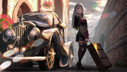 Rule 34 | 1girl, absurdres, bad id, bad pixiv id, black skirt, black thighhighs, blouse, blue eyes, breasts, capelet, car, closed mouth, day, grey hair, highres, lace, lace-trimmed legwear, lace trim, lens flare, lips, long hair, long sleeves, looking at viewer, luggage, medium breasts, motor vehicle, original, outdoors, purple shirt, rolling suitcase, rolua, shirt, skirt, smile, solo, standing, suitcase, thighhighs, underbust, vehicle focus