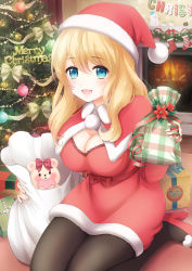 Rule 34 | 1girl, :d, black pantyhose, blonde hair, blue eyes, blush, bow, box, breasts, capelet, christmas, christmas ornaments, christmas tree, cleavage, fireplace, fur trim, gift, gift bag, gift box, hat, high heels, highres, kneeling, large breasts, long hair, long sleeves, looking at viewer, merry christmas, nanairo fuuka, open mouth, original, pantyhose, red footwear, sack, santa costume, santa hat, shoes, sitting, smile, snowman, socks, solo, stuffed animal, stuffed toy, teddy bear, white bow