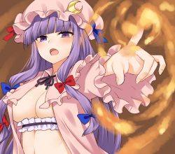 Rule 34 | 1girl, blue bow, blunt bangs, blush, bow, commentary request, crescent, crescent pin, fire, hair bow, hair ribbon, hat, highres, long hair, long sleeves, looking at viewer, magic, miyo (ranthath), mob cap, naked robe, no bra, open clothes, open mouth, outstretched arm, patchouli knowledge, pointing, purple eyes, purple hair, red bow, ribbon, robe, solo, touhou, tress ribbon, upper body