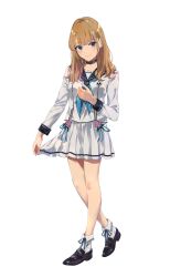 Rule 34 | 1girl, absurdres, beppu tamaki, black footwear, blouse, blue eyes, blue neckerchief, blush, brown hair, closed mouth, full body, highres, light smile, loafers, long hair, long sleeves, looking at viewer, neckerchief, onsen musume, ponkan 8, sailor collar, school uniform, serafuku, shirt, shoes, simple background, skirt, smile, socks, solo, white background, white shirt, white skirt, white socks