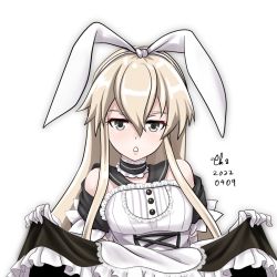 Rule 34 | 1girl, alternate costume, apron, black dress, black sailor collar, blonde hair, choker, commentary request, dated, dress, elbow gloves, enmaided, frilled apron, frilled choker, frills, gloves, grey eyes, kantai collection, long hair, looking at viewer, maid, maid headdress, out-of-frame censoring, sailor collar, shimakaze (kancolle), signature, simple background, skirt hold, solo, tk8d32, white apron, white background, white gloves