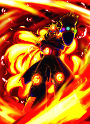 Rule 34 | 1boy, android, armor, backlighting, belt, bracelet, capcom, clenched hand, cowboy shot, explosion, fire, grin, helmet, jewelry, knee pads, long sleeves, looking at viewer, male focus, mega man: dr. wily&#039;s revenge, mega man (classic), mega man (series), mega man v, momanchiman, open mouth, smile, solo, standing, sunstar (mega man), waist cape