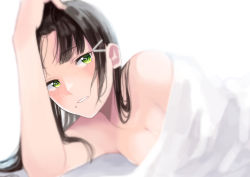 Rule 34 | 10s, 1girl, bad id, bad pixiv id, bed sheet, black hair, breasts, cleavage, collarbone, completely nude, green eyes, kawaoka sachio, kurosawa dia, long hair, looking at viewer, love live!, love live! sunshine!!, mole, mole under mouth, nude, parted lips, small breasts, solo, under covers, upper body