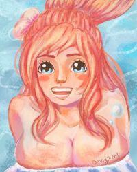 Rule 34 | 1girl, artist name, bare shoulders, blue eyes, breasts, cleavage, highres, large breasts, nude, one piece, open mouth, partially submerged, pink hair, shirahoshi, smile, solo, upper body