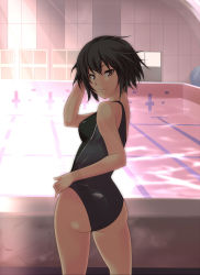 Rule 34 | 1girl, amagami, arm up, ass, black hair, black one-piece swimsuit, brown eyes, caustics, competition swimsuit, hair between eyes, hand on own head, indoors, kurou (yugato), light rays, looking back, messy hair, nanasaki ai, one-piece swimsuit, pool, poolside, short hair, solo, sunbeam, sunlight, swimsuit, thighs, yugato