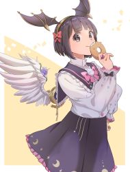 Rule 34 | 1girl, black eyes, black hair, black skirt, blouse, blunt bangs, bob cut, bow, bowtie, closed mouth, commentary request, cowboy shot, crescent print, demon wings, doughnut, fake wings, flower, food, frilled shirt collar, frilled skirt, frills, gem, hair bow, head wings, highres, hohohoi, holding, holding food, jewelry, looking at viewer, pink bow, pink bowtie, purple flower, purple gemstone, ragnarok online, ragnarok origin, red bow, ring, rose, shirt, short hair, skirt, smile, solo, white shirt, white wings, wings