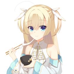 Rule 34 | 1girl, :3, absurdres, ahoge, ascot, bare shoulders, blonde hair, blue eyes, blunt ends, blush, bowl, chopsticks, closed mouth, commentary request, crossed bangs, detached sleeves, eating, eyelashes, eyes visible through hair, floral print, food, hair between eyes, highres, holding, holding bowl, holding chopsticks, kaon zz, long hair, long sleeves, looking at viewer, mochi, mochi trail, shirayuki noa, shirt, sidelocks, simple background, sleeveless, sleeveless shirt, smile, solo, straight hair, tenshi souzou re-boot!, two side up, upper body, white ascot, white background, white shirt, white sleeves, wide sleeves, wing hair ornament