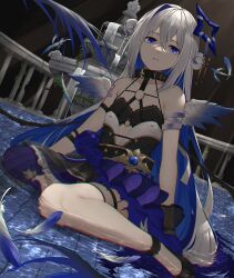 Rule 34 | 1girl, absurdres, amane kanata, amane kanata (another world), angel wings, arm strap, asymmetrical hair, bandaged arm, bandages, black bra, black collar, blue eyes, blue hair, blue wings, bra, chest harness, collar, colored inner hair, commentary request, double bun, fallen angel, feathered wings, flat chest, gradient wings, grey hair, hair bun, halo, harness, high-waist skirt, highres, hololive, long hair, looking at viewer, mini wings, multicolored hair, multicolored wings, o-ring, o-ring top, official alternate costume, official alternate hair length, official alternate hairstyle, parted lips, single hair intake, skirt, solo, star halo, strapless, strapless bra, streaked hair, underwear, very long hair, virtual youtuber, white wings, wings, yuya (yuya illust)