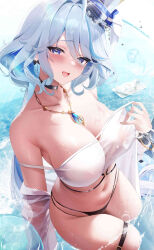 Rule 34 | 1girl, absurdres, aged up, alternate breast size, alternate costume, bare shoulders, bikini, black bikini, black choker, blue eyes, blue hair, blush, breasts, choker, collarbone, commentary, english commentary, fantongjun, furina (genshin impact), genshin impact, highres, jewelry, large breasts, light blue hair, long hair, long sleeves, looking at viewer, navel, necklace, open mouth, smile, solo, swimsuit, thigh strap, water