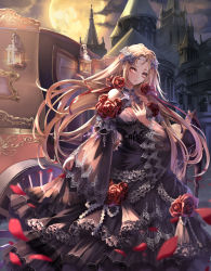 Rule 34 | 1girl, bad id, bad pixiv id, bare shoulders, black dress, blonde hair, building, carriage, cloud, cloudy sky, cowboy shot, detached sleeves, dress, fingernails, flower, frilled dress, frills, full moon, hair flower, hair ornament, hair ribbon, hand on own chest, headpiece, highres, horse, jewelry, lantern, long hair, looking at viewer, mansion, moon, night, orange eyes, original, parted lips, petals, red flower, red ribbon, red rose, ribbon, rose, shente (sharkpunk), sky, solo, wheel, wide sleeves