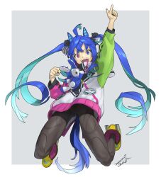Rule 34 | 1girl, :d, @ @, absurdres, ahoge, animal ears, aqua hair, arm up, artist name, black leggings, black nails, blue eyes, blue hair, boots, border, bow, clenched hand, commentary request, crossed bangs, crotch, dated, drawstring, full body, grey background, hair bow, heterochromia, highres, hood, hoodie, horse ears, horse girl, horse tail, leggings, legs up, long hair, long sleeves, looking at viewer, midair, multicolored clothes, multicolored hair, multicolored hoodie, nail polish, okazin0310, open mouth, outside border, outstretched arm, pointing, pointing up, purple eyes, sharp teeth, sidelocks, simple background, smile, solo, striped, striped bow, stuffed animal, stuffed rabbit, stuffed toy, tail, teeth, twin turbo (umamusume), twintails, two-tone hair, umamusume, upper teeth only, v-shaped eyebrows, very long hair, white border, yellow footwear