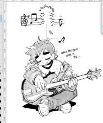 Rule 34 | 1boy, art program in frame, closed eyes, full body, greyscale, guitar, highres, holding, holding instrument, indian style, instrument, jacket, korean text, male focus, monochrome, music, musical note, pants, playing instrument, ryaa1234, scott pilgrim, scott pilgrim (series), scott pilgrim takes off, shirt, shoes, short hair, simple background, sitting, smile, solo, staff (music), translation request, treble clef, white background