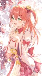 Rule 34 | 1girl, absurdres, ahoge, bell, cherry blossom print, cherry blossoms, commentary request, detached sleeves, floral print, frills, green eyes, hair bell, hair between eyes, hair ornament, hair ribbon, highres, hololive, interlocked fingers, japanese clothes, jingle bell, kimono, komiya latte, long hair, looking at viewer, nontraditional miko, one side up, open mouth, paw print, paw print pattern, pink hair, red ribbon, red skirt, revision, ribbon, sakura miko, sakura miko (1st costume), skirt, smile, solo, virtual youtuber, white kimono, white sleeves, wide sleeves, widge, x hair ornament