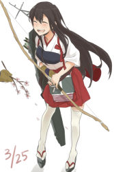 Rule 34 | 10s, 1girl, :d, ^ ^, akagi (kancolle), arrow (projectile), black hair, bow (weapon), closed eyes, dated, closed eyes, flight deck, holding, kantai collection, long hair, muneate, open mouth, ree (re-19), smile, solo, tasuki, very long hair, weapon