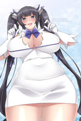 Rule 34 | 1girl, black hair, blue eyes, blue ribbon, blunt bangs, breasts, cleavage, cleavage cutout, clothing cutout, commentary, covered navel, dress, dungeon ni deai wo motomeru no wa machigatteiru darou ka, from below, gloves, hair ribbon, heart, heart-shaped pupils, hestia (danmachi), large breasts, lindaroze, long hair, looking at viewer, looking down, open mouth, outdoors, pencil dress, rei no himo, ribbon, smile, solo, symbol-shaped pupils, twintails, white dress, white gloves
