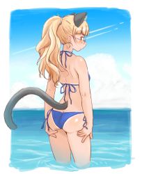 Rule 34 | 1girl, abare megane, animal ears, ass, bikini, blonde hair, blue bikini, border, butt crack, cat ears, cat tail, contrapposto, from behind, glasses, hands on own thighs, highres, long hair, looking back, perrine h. clostermann, side-tie bikini bottom, solo, strike witches, swimsuit, symbol-only commentary, tail, tan, tanline, wading, water, white border, world witches series, yellow eyes