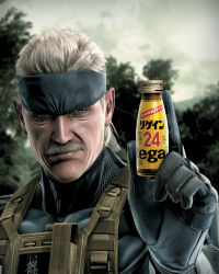 Rule 34 | 1boy, ad, bandana, bottle, facial hair, highres, konami, male focus, metal gear (series), metal gear solid 4: guns of the patriots, mustache, old snake, product placement, solid snake, solo