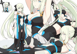 Rule 34 | 1girl, armpits, arms behind head, arms up, black bow, black dress, black footwear, blue eyes, boots, bow, braid, breasts, center opening, chibi, cleavage, dress, fate/grand order, fate (series), french braid, full body, grey hair, hair bow, large breasts, long hair, long sleeves, looking at viewer, lying, morgan le fay (fate), multiple views, on back, pelvic curtain, ponytail, shiseki hirame, sidelocks, spread legs, thigh boots, thighhighs, thighs, two-tone dress, very long hair, white dress, wide sleeves