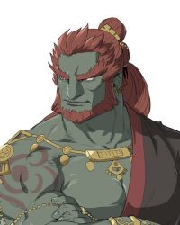 Rule 34 | 1boy, beard, closed mouth, colored skin, crossed arms, earrings, facial hair, fingernails, foxvulpine, ganondorf, gold earrings, green skin, hadanugi dousa, hair bun, jewelry, male focus, mature male, muscular, muscular male, nintendo, open kimono, pectorals, red hair, ring, shoulder tattoo, smile, solo, tattoo, the legend of zelda, the legend of zelda: tears of the kingdom, thick eyebrows, upper body, white background