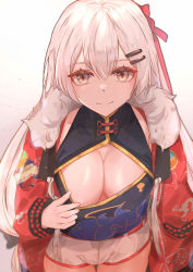 Rule 34 | 1girl, absurdres, black dress, blush, breasts, china dress, chinese clothes, cleavage, closed mouth, dress, feet out of frame, fur-trimmed jacket, fur trim, girls&#039; frontline, grey eyes, hair ornament, hairclip, highres, jacket, leaning forward, long hair, looking at viewer, medium breasts, muteppona hito, official alternate costume, open clothes, open jacket, red jacket, shorts, silver hair, smile, solo, standing, svd (camellia&#039;s vigil) (girls&#039; frontline), svd (girls&#039; frontline), white background, white shorts