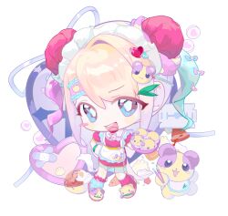 Rule 34 | 1girl, :d, absurdres, alternate costume, apron, asymmetrical legwear, bear, biyezibcoconut, blonde hair, blue bow, blue eyes, blue hair, blush stickers, bow, bowl, bun cover, chibi, chinese clothes, chinese commentary, chopsticks, chouzetsusaikawa tenshi-chan, commentary request, double bun, dress, food request, frilled apron, frills, full body, hair bow, hair bun, highres, holding, holding bowl, looking at viewer, mismatched legwear, multicolored hair, needy girl overdose, open mouth, pink bow, pink hair, purple bow, razor blade, red dress, short hair, slippers, smile, socks, solo, standing, waist apron, white apron, white background