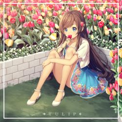 Rule 34 | 1girl, bad id, bad pixiv id, bent over, blue dress, blue eyes, brown hair, collarbone, covering own mouth, dress, floral print, flower, full body, hair flower, hair ornament, holding, hugging own legs, kim bae-eo, long hair, looking at viewer, original, sandals, short sleeves, sidelocks, sitting, solo