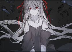 Rule 34 | 1girl, closed mouth, dress, grey dress, grey hair, greyscale, greyscale with colored background, hair ribbon, highres, long hair, looking at viewer, monochrome, original, red ribbon, ribbon, solo, spaghetti strap, straight hair, teizen (niwamaee), torn clothes
